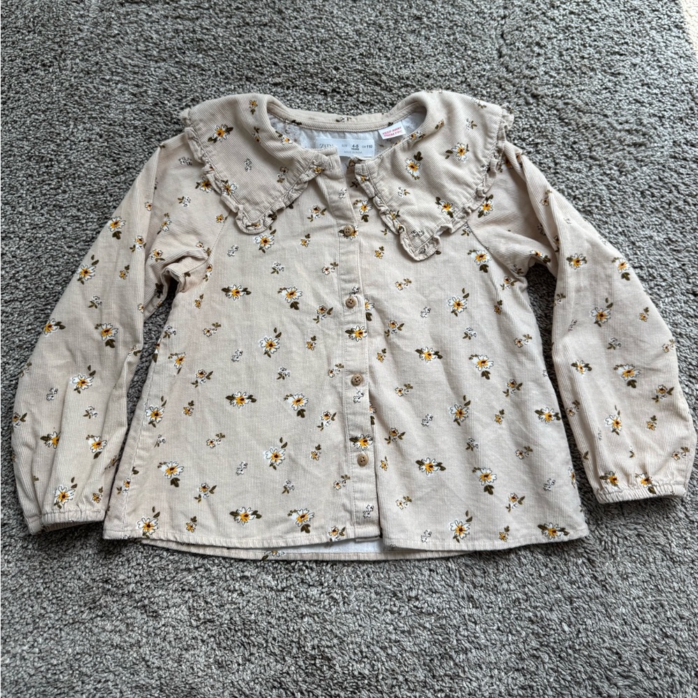 Zara Beige Floral Girls Button Down Shirt Size 4-5